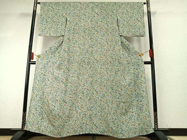 平和屋着物▽上質な小紋　単衣　型染め　草花文　鬼しぼ縮緬　正絹　逸品　AABE5763fy