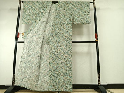平和屋着物▽上質な小紋　単衣　型染め　草花文　鬼しぼ縮緬　正絹　逸品　AABE5763fy