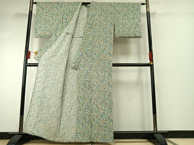 平和屋着物▽上質な小紋　単衣　型染め　草花文　鬼しぼ縮緬　正絹　逸品　AABE5763fy