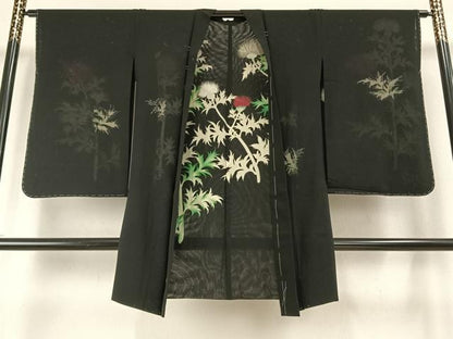 平和屋着物▽羽織　スリーシーズン　春夏秋　塵除け　草花文　黒地　金銀糸　正絹　逸品　未使用　AABE5764fy