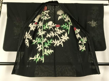 平和屋着物▽羽織　スリーシーズン　春夏秋　塵除け　草花文　黒地　金銀糸　正絹　逸品　未使用　AABE5764fy