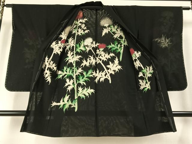 平和屋着物▽羽織　スリーシーズン　春夏秋　塵除け　草花文　黒地　金銀糸　正絹　逸品　未使用　AABE5764fy