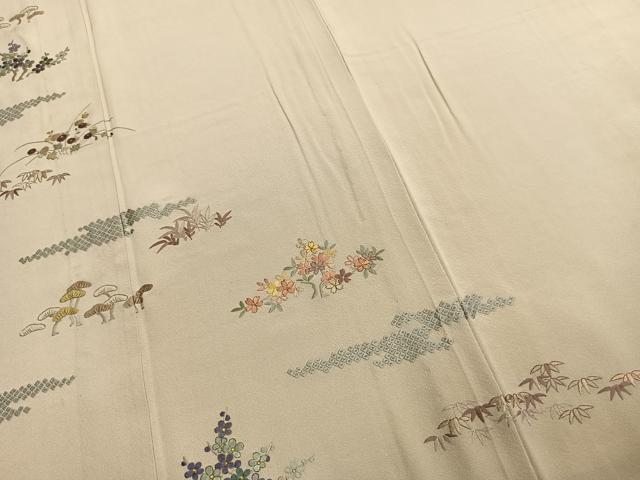 平和屋着物▽訪問着　単衣　総刺繍　松竹　枝花文　金糸　正絹　逸品　AABE5766fy 平和屋着物▽訪問着 単衣 総刺繍 松竹 枝花文 金糸 正絹