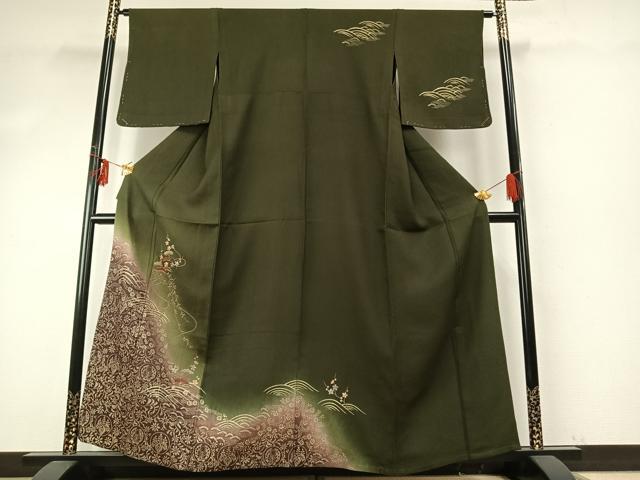 平和屋着物▽訪問着 単衣 駒刺繍 草花文 暈し染め 金糸 金彩 正絹 逸品 AABE5768fy