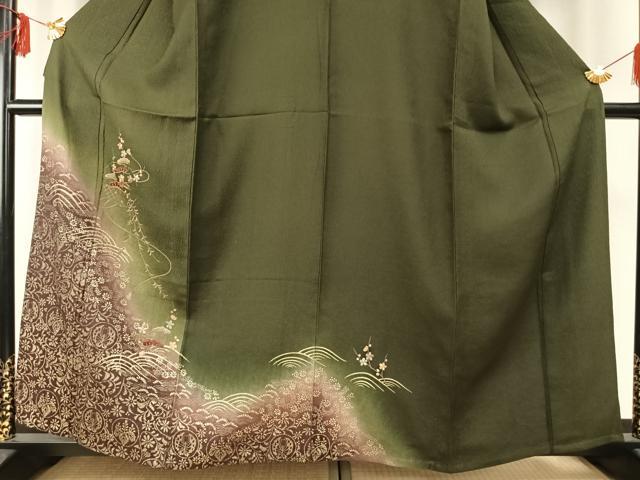 平和屋着物▽訪問着 単衣 駒刺繍 草花文 暈し染め 金糸 金彩 正絹 逸品 AABE5768fy
