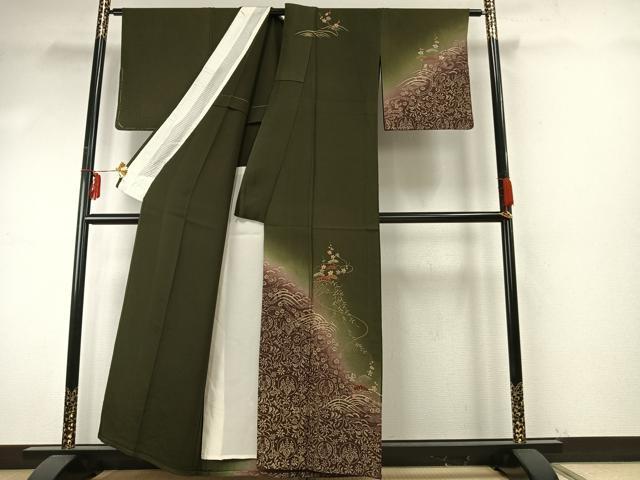 平和屋着物▽訪問着 単衣 駒刺繍 草花文 暈し染め 金糸 金彩 正絹 逸品 AABE5768fy