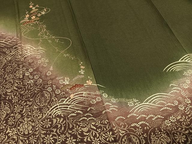 平和屋着物▽訪問着 単衣 駒刺繍 草花文 暈し染め 金糸 金彩 正絹 逸品 AABE5768fy