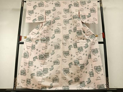 平和屋着物▽上質な紬 単衣 風景文 正絹 逸品 AABE5776fy