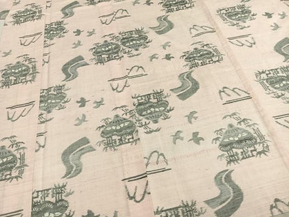 平和屋着物▽上質な紬 単衣 風景文 正絹 逸品 AABE5776fy