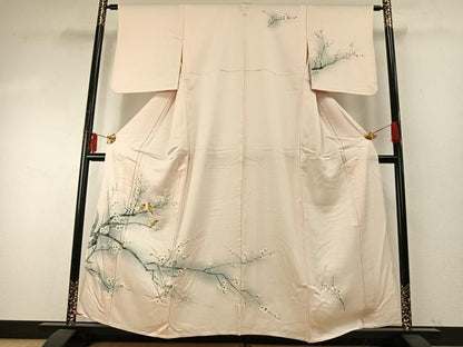 平和屋着物▽訪問着 単衣 手描き 雀 枝梅文 暈し染め 正絹 逸品 AABE5778fy