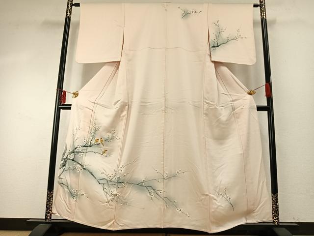 平和屋着物▽訪問着 単衣 手描き 雀 枝梅文 暈し染め 正絹 逸品 AABE5778fy