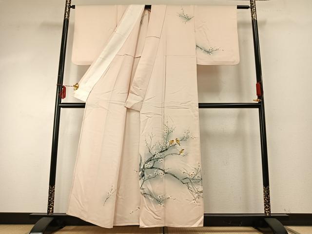 平和屋着物▽訪問着 単衣 手描き 雀 枝梅文 暈し染め 正絹 逸品 AABE5778fy