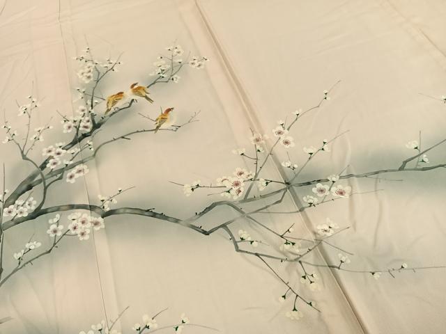 平和屋着物▽訪問着 単衣 手描き 雀 枝梅文 暈し染め 正絹 逸品 AABE5778fy