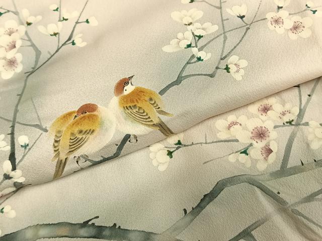 平和屋着物▽訪問着 単衣 手描き 雀 枝梅文 暈し染め 正絹 逸品 AABE5778fy