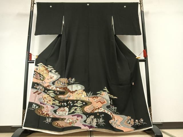 平和屋着物●豪華黒留袖　友禅　作家物　政治郎　駒刺繍　雪輪花鳥文　金彩　高島屋扱い　正絹　逸品　AABE5781fy