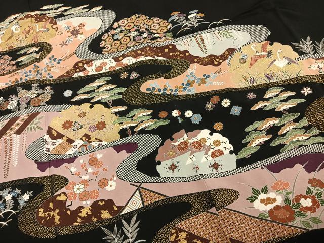 平和屋着物●豪華黒留袖　友禅　作家物　政治郎　駒刺繍　雪輪花鳥文　金彩　高島屋扱い　正絹　逸品　AABE5781fy