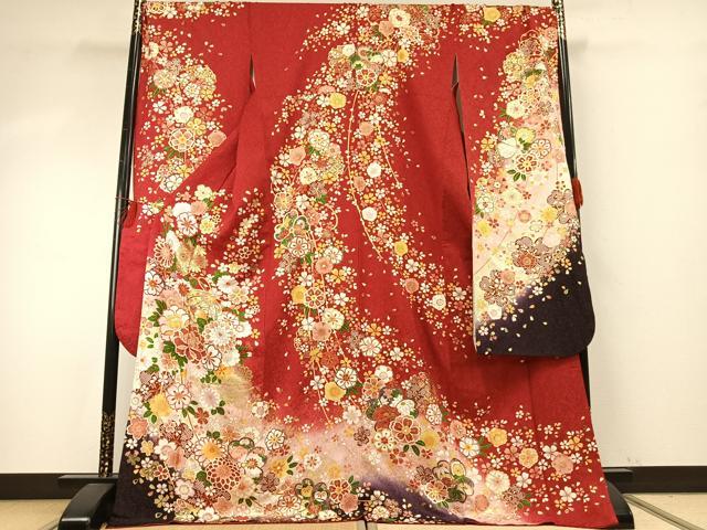 平和屋着物●豪華振袖　草花文　暈し染め　金銀糸　金彩　銀通し地　ロング丈　正絹　逸品　AABE5790fy
