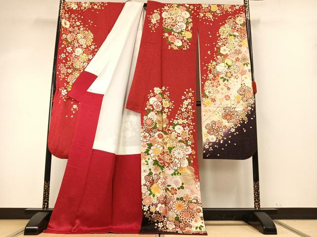 平和屋着物●豪華振袖　草花文　暈し染め　金銀糸　金彩　銀通し地　ロング丈　正絹　逸品　AABE5790fy