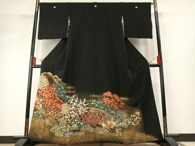 平和屋着物●豪華黒留袖　手描き　風景文　光悦寺　金彩　正絹　逸品　AABE5795fy 平和屋着物○豪華黒留袖 手描き 風景文 光悦寺 金彩 正絹 逸品 AABE5795fy