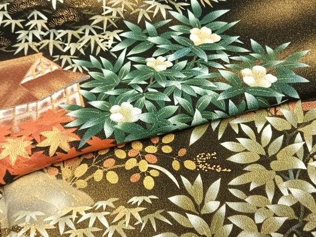 平和屋着物●豪華黒留袖　手描き　風景文　光悦寺　金彩　正絹　逸品　AABE5795fy 平和屋着物○豪華黒留袖 手描き 風景文 光悦寺 金彩 正絹 逸品 AABE5795fy