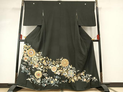 平和屋着物●豪華黒留袖　友禅　駒刺繍　花鳥文　金彩　正絹　逸品　AABE5796fy