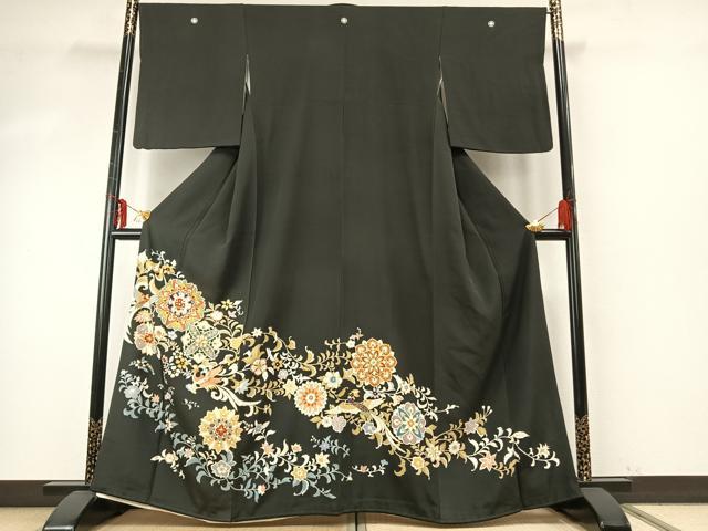平和屋着物●豪華黒留袖　友禅　駒刺繍　花鳥文　金彩　正絹　逸品　AABE5796fy