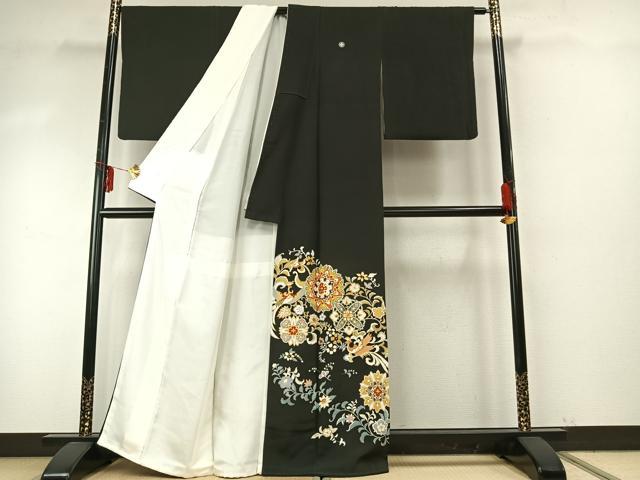 平和屋着物●豪華黒留袖　友禅　駒刺繍　花鳥文　金彩　正絹　逸品　AABE5796fy