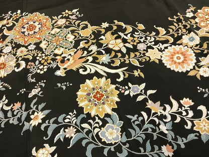 平和屋着物●豪華黒留袖　友禅　駒刺繍　花鳥文　金彩　正絹　逸品　AABE5796fy
