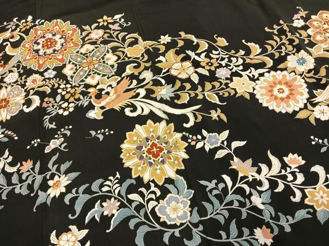 平和屋着物●豪華黒留袖　友禅　駒刺繍　花鳥文　金彩　正絹　逸品　AABE5796fy