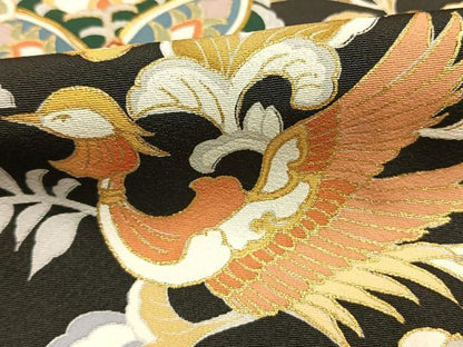 平和屋着物●豪華黒留袖　友禅　駒刺繍　花鳥文　金彩　正絹　逸品　AABE5796fy