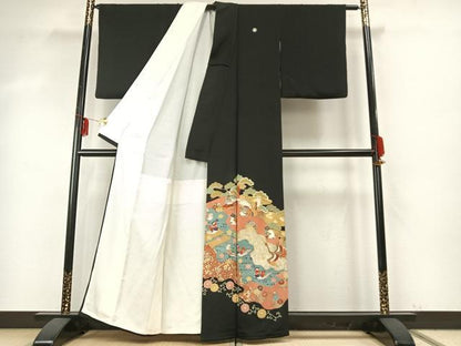 平和屋着物●豪華黒留袖　友禅　駒刺繍　花鳥文　金糸　金彩　正絹　逸品　AABE5797fy