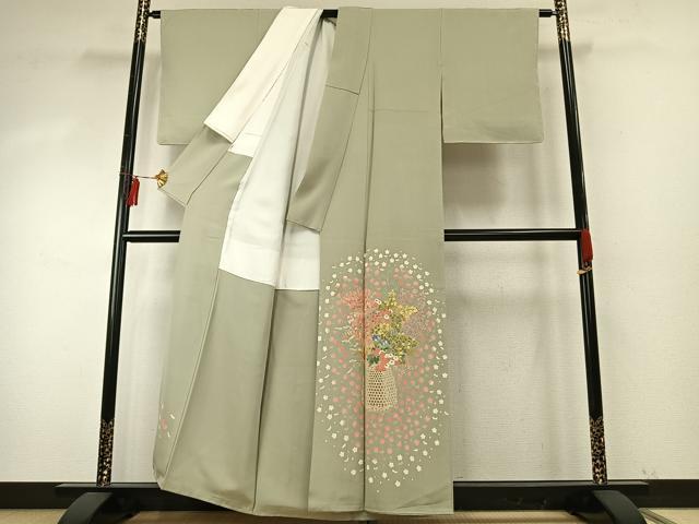 平和屋着物●本加賀友禅作家　柿本市郎　訪問着　草花文　正絹　逸品　AABE5800fy
