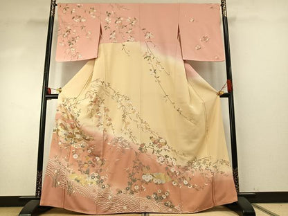 平和屋着物●訪問着　駒刺繍　雲取り花文　暈し染め　金彩　正絹　逸品　AABE5803fy