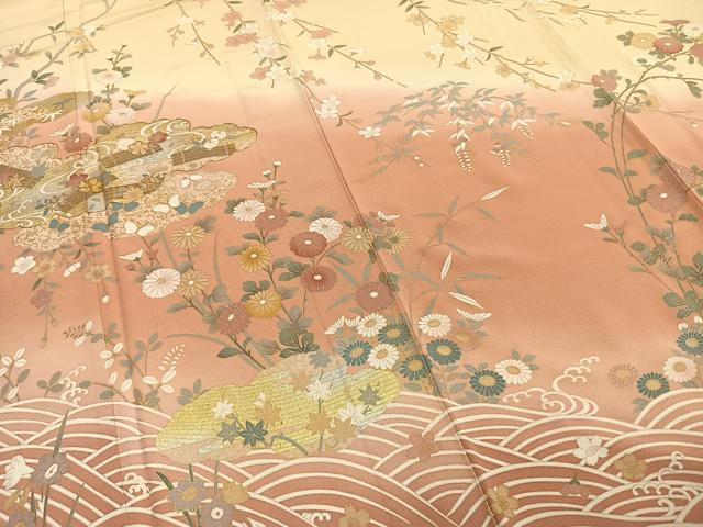 平和屋着物●訪問着　駒刺繍　雲取り花文　暈し染め　金彩　正絹　逸品　AABE5803fy