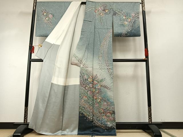 平和屋着物●豪華振袖　辻が花　枝垂れ花文　暈し染め　銀通し地　正絹　逸品　AABE0084cs 平和屋着物○豪華振袖 辻が花 枝垂れ花文 暈し染め 銀通し地