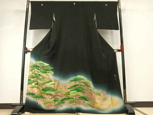 平和屋着物●京友禅の第一人者　松井青々　黒留袖　駒刺繍　梅松文　暈し染め　金彩　正絹　逸品　AABE5805fy