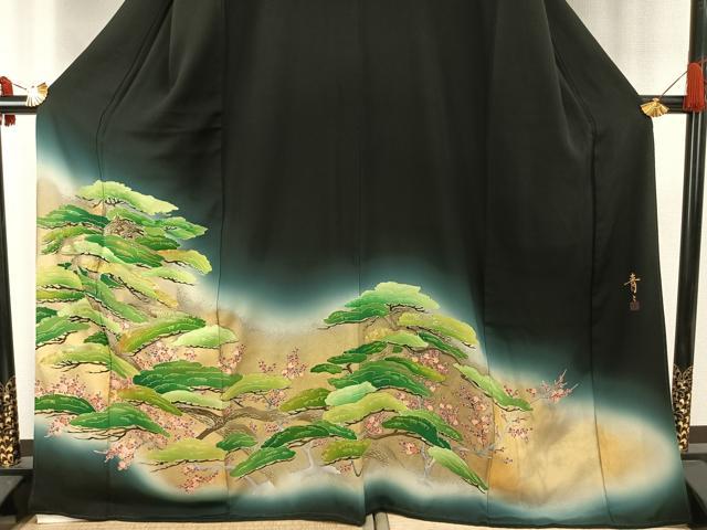 平和屋着物●京友禅の第一人者　松井青々　黒留袖　駒刺繍　梅松文　暈し染め　金彩　正絹　逸品　AABE5805fy