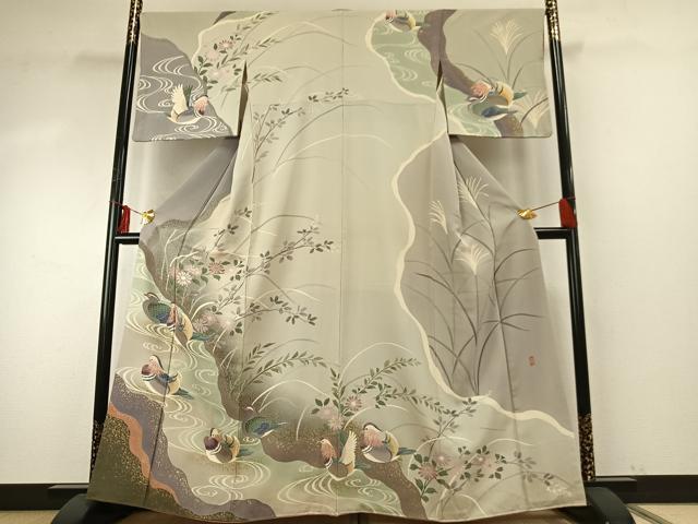 平和屋着物●十日町　加賀草木友禅の第一人者　田村哲彦　訪問着　花鳥文　暈し染め　金彩　正絹　逸品　AABE5806fy