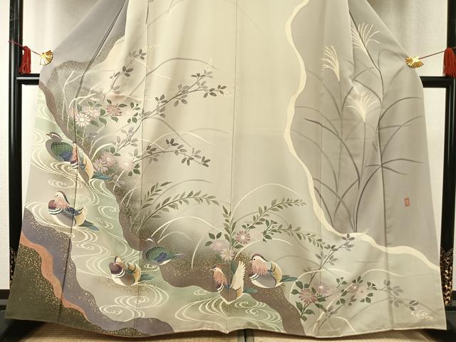 平和屋着物●十日町　加賀草木友禅の第一人者　田村哲彦　訪問着　花鳥文　暈し染め　金彩　正絹　逸品　AABE5806fy