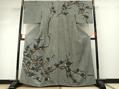 平和屋着物●訪問着　総絞り　枝花文　黒地　金彩　さが美扱い　正絹　逸品　AABE5819fy