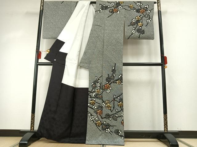 平和屋着物●訪問着　総絞り　枝花文　黒地　金彩　さが美扱い　正絹　逸品　AABE5819fy