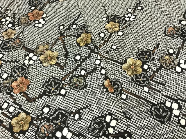平和屋着物●訪問着　総絞り　枝花文　黒地　金彩　さが美扱い　正絹　逸品　AABE5819fy