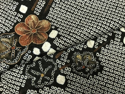 平和屋着物●訪問着　総絞り　枝花文　黒地　金彩　さが美扱い　正絹　逸品　AABE5819fy