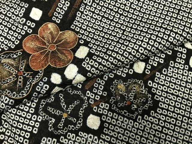 平和屋着物●訪問着　総絞り　枝花文　黒地　金彩　さが美扱い　正絹　逸品　AABE5819fy