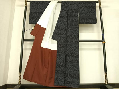平和屋着物●結城紬　80亀甲　横段文　正絹　逸品　AABE5823fy