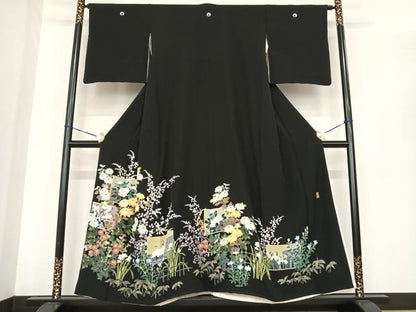 平和屋着物●十日町友禅作家　阿部佳雪　黒留袖　色紙花鳥文　正絹　逸品　AABI2614cs