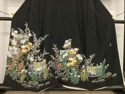 平和屋着物●十日町友禅作家　阿部佳雪　黒留袖　色紙花鳥文　正絹　逸品　AABI2614cs