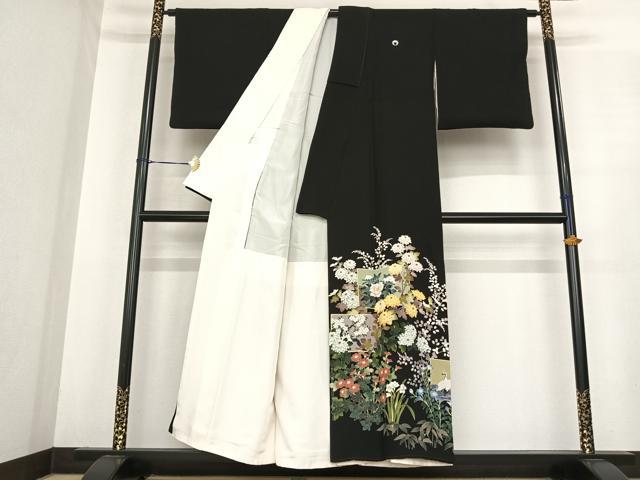 平和屋着物●十日町友禅作家　阿部佳雪　黒留袖　色紙花鳥文　正絹　逸品　AABI2614cs