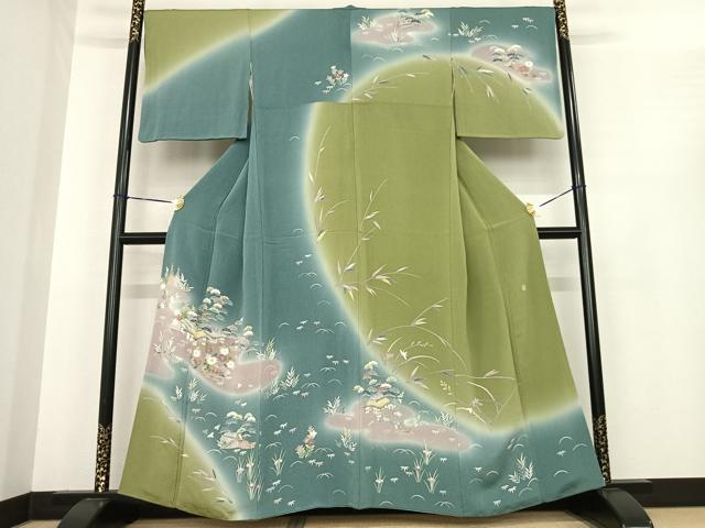 平和屋着物●訪問着　友禅　作家物　風景花文　暈し染め　鬼しぼ縮緬　正絹　逸品　AABE5830fy