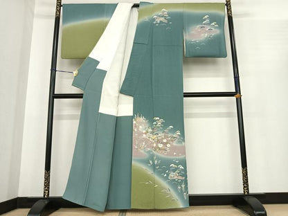 平和屋着物●訪問着　友禅　作家物　風景花文　暈し染め　鬼しぼ縮緬　正絹　逸品　AABE5830fy